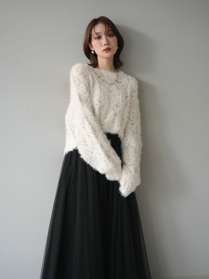 [予約]モール×フェザー透かし編みニットプルオーバー/ivory