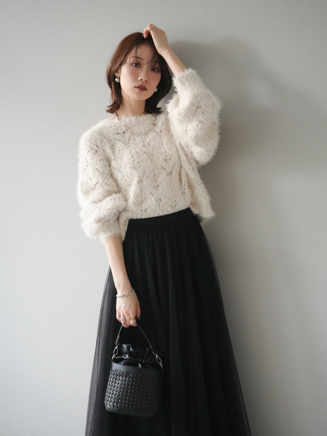 [予約]モール×フェザー透かし編みニットプルオーバー/ivory