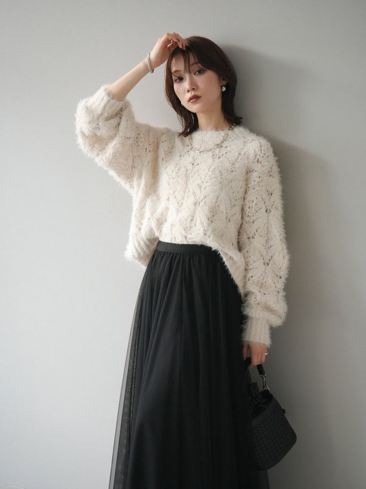 [予約]モール×フェザー透かし編みニットプルオーバー/ivory