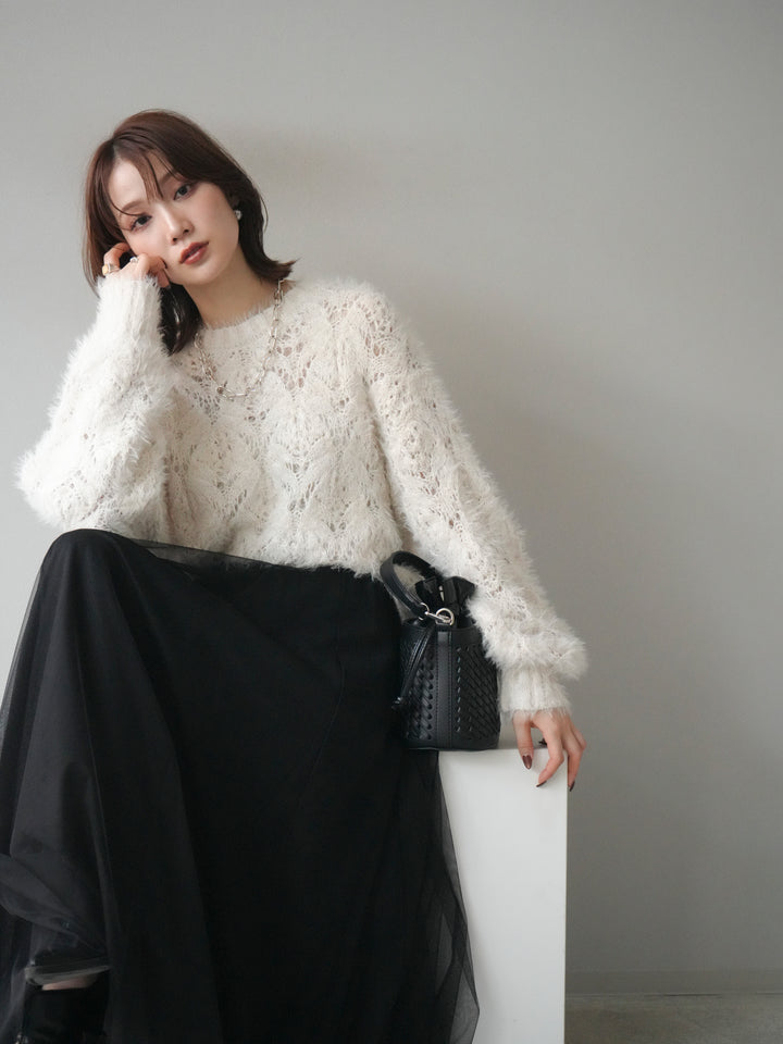 [予約]モール×フェザー透かし編みニットプルオーバー/ivory