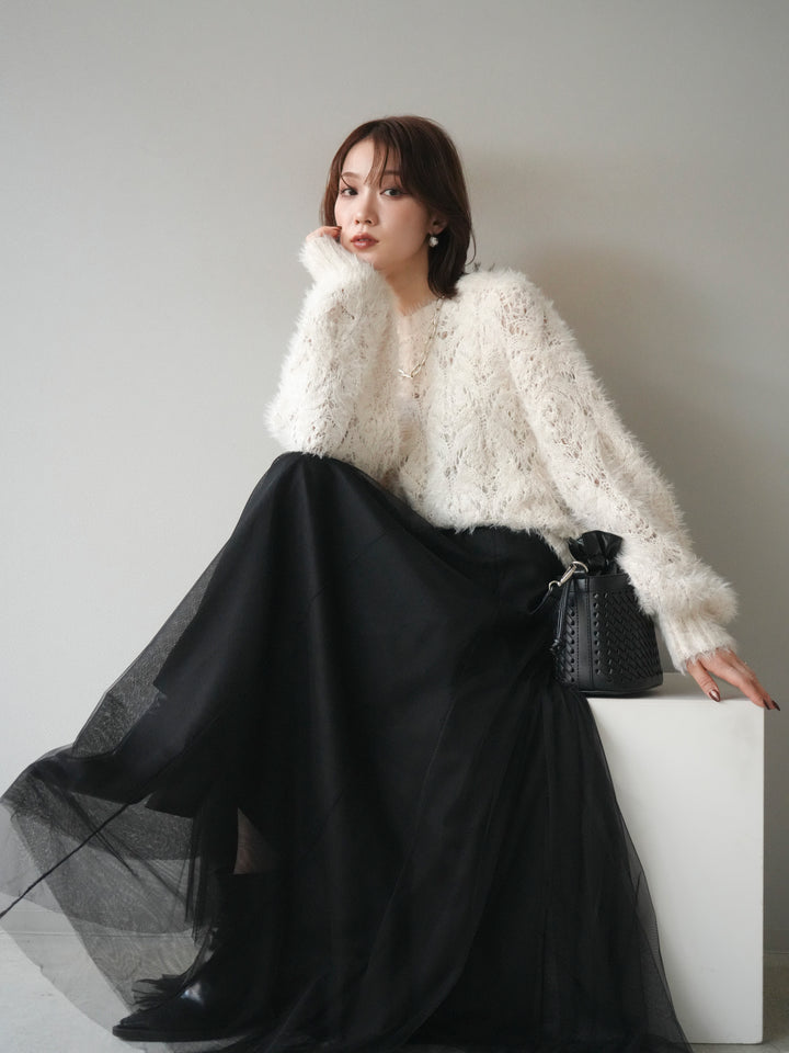 [予約]モール×フェザー透かし編みニットプルオーバー/ivory