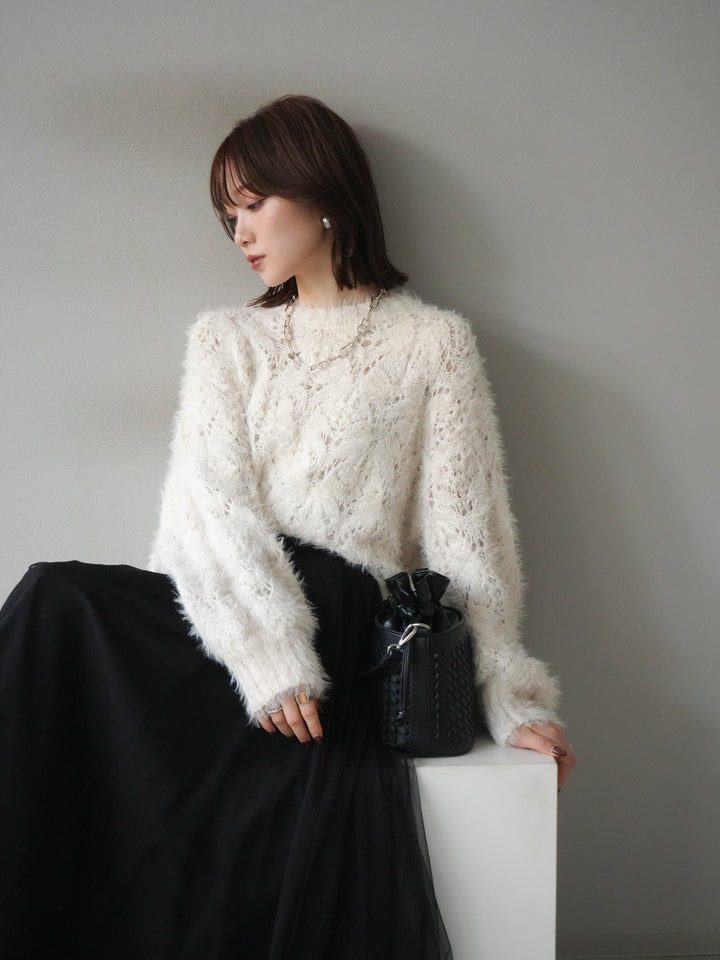 [予約]モール×フェザー透かし編みニットプルオーバー/ivory