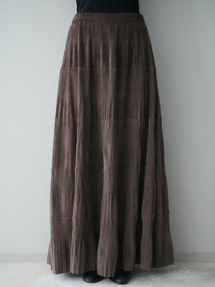 [予約]型押しスエードティアードプリーツスカート/brown