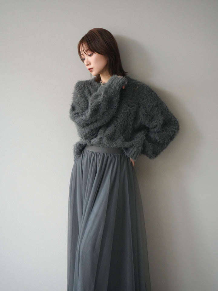 [予約]モール×フェザー透かし編みニットプルオーバー/black