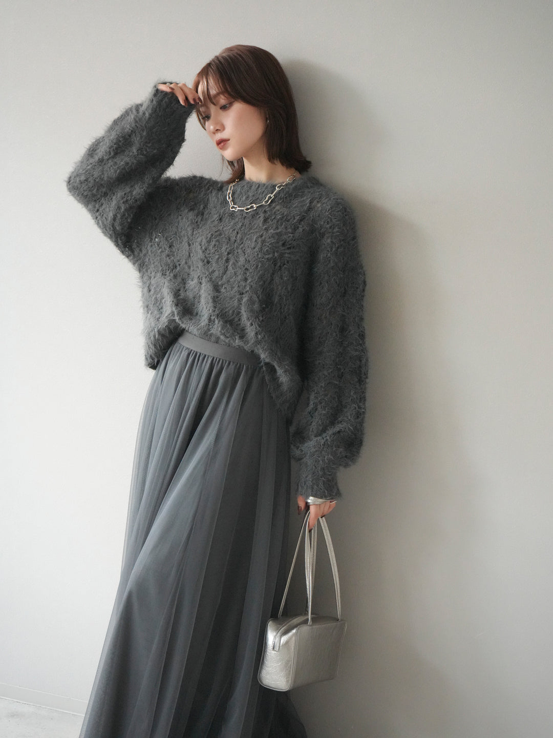 [予約]モール×フェザー透かし編みニットプルオーバー/black