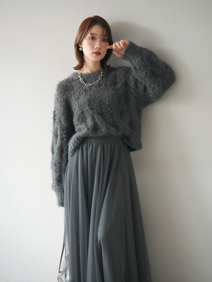 [予約]モール×フェザー透かし編みニットプルオーバー/black