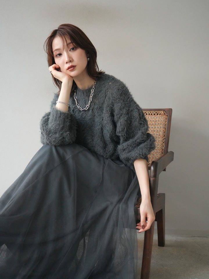 [予約]モール×フェザー透かし編みニットプルオーバー/black