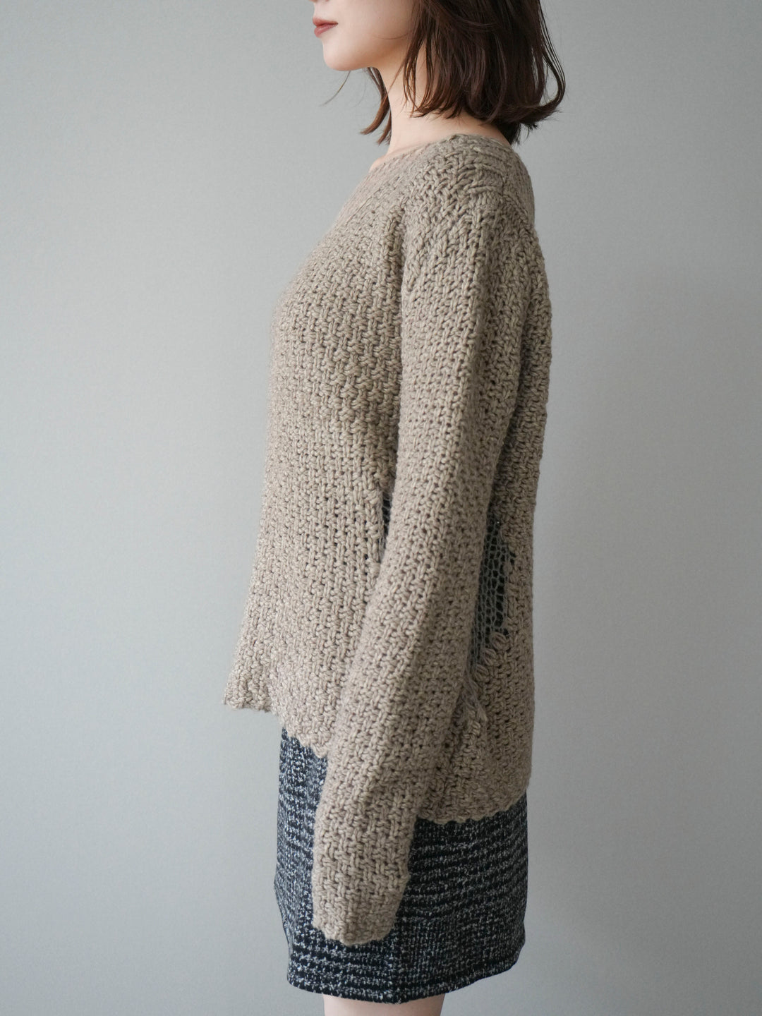 [予約]ダメージデザインニットプルオーバー/greige