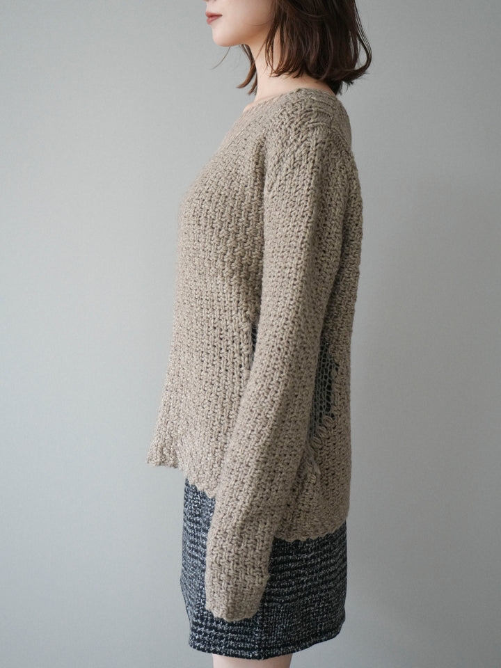 [予約]ダメージデザインニットプルオーバー/greige