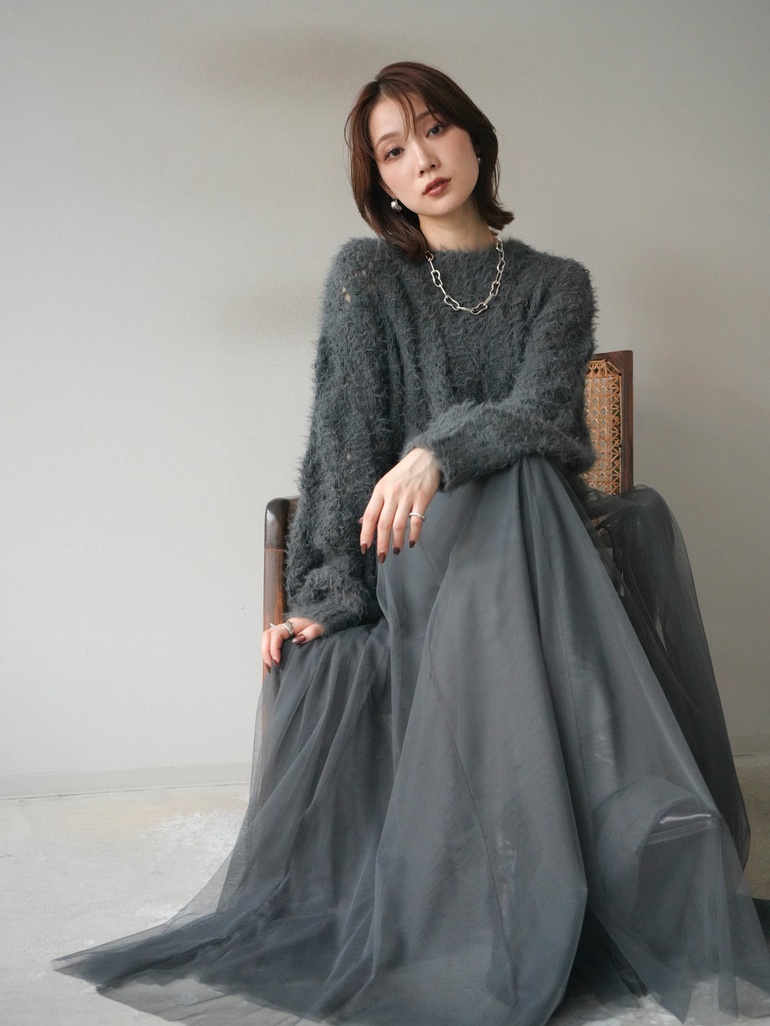 [予約]モール×フェザー透かし編みニットプルオーバー/black