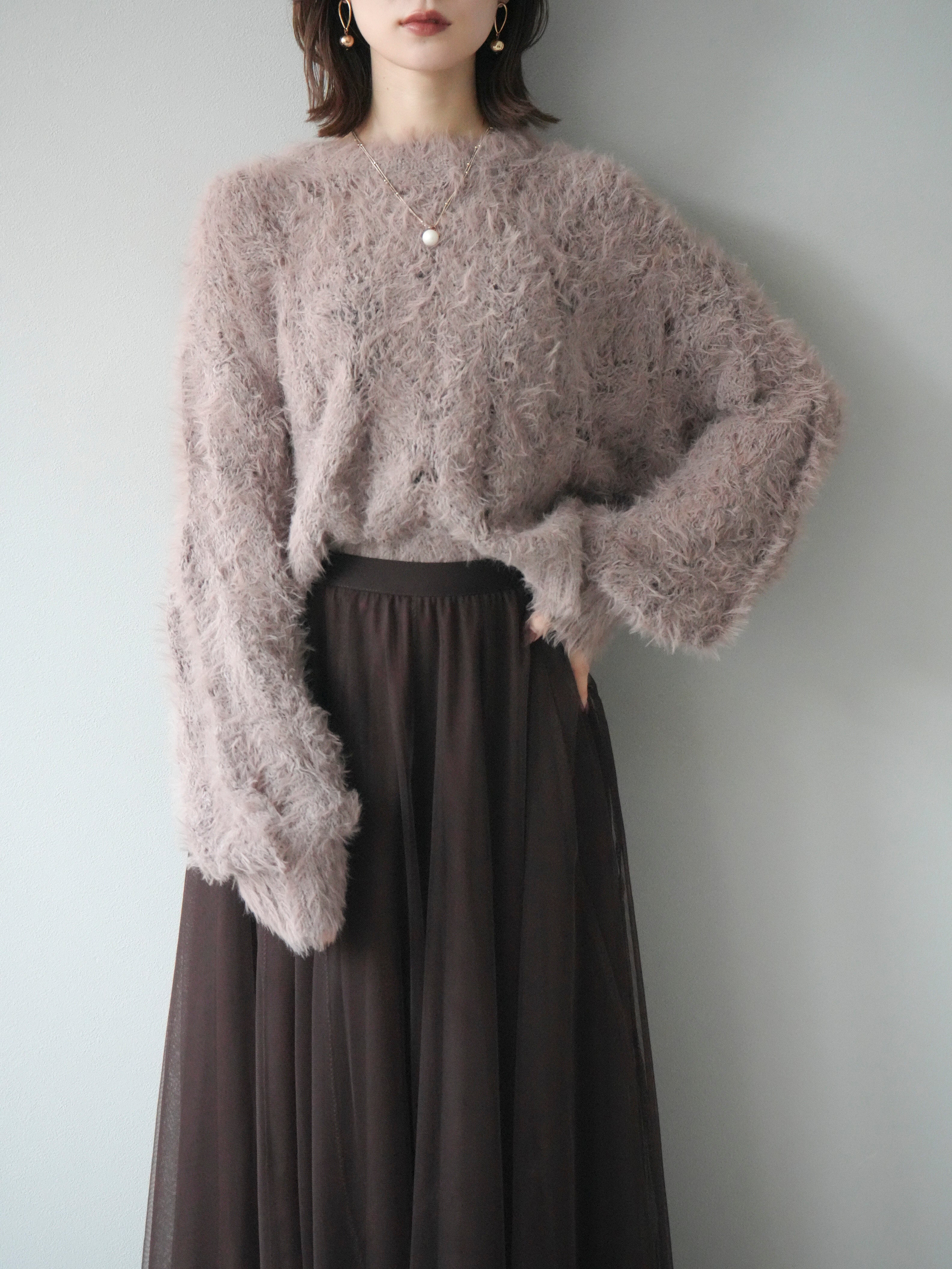 予約]モール×フェザー透かし編みニットプルオーバー/mocha – Lumier