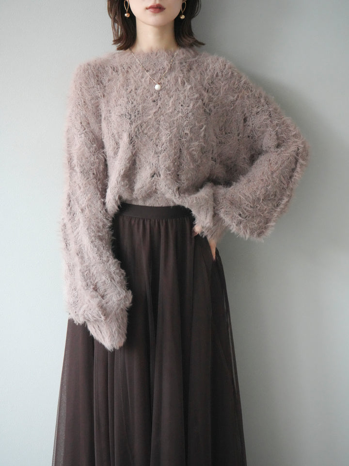 [予約]モール×フェザー透かし編みニットプルオーバー/mocha