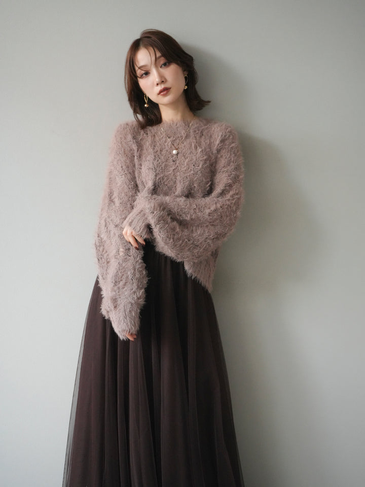 [予約]モール×フェザー透かし編みニットプルオーバー/mocha