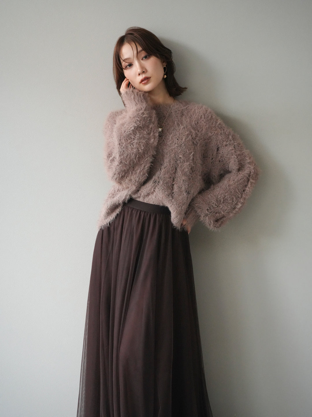 [予約]モール×フェザー透かし編みニットプルオーバー/mocha