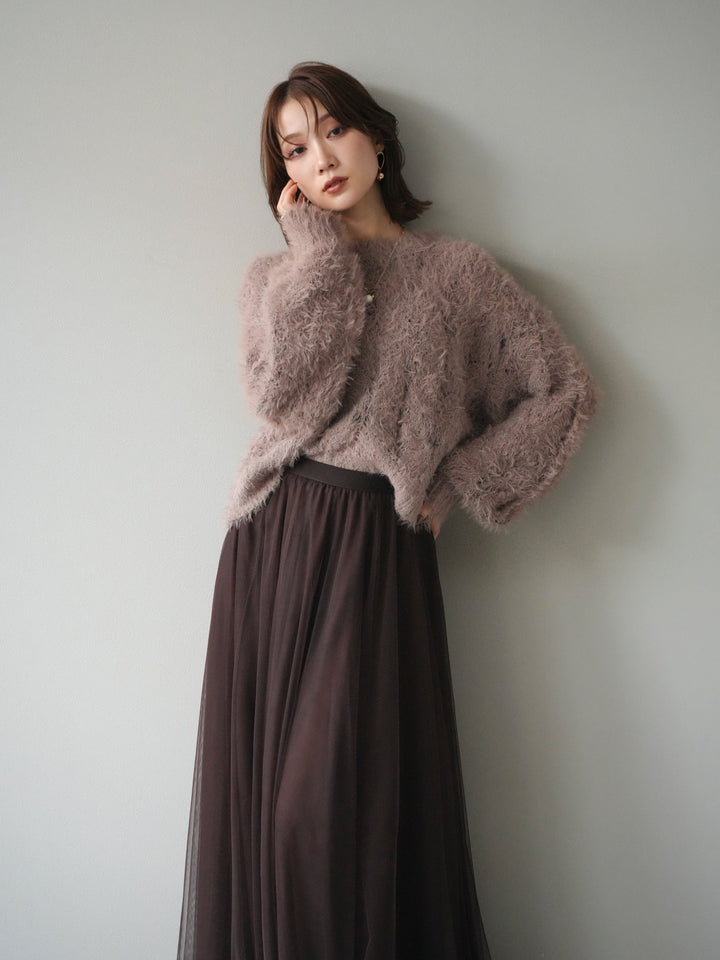 [予約]モール×フェザー透かし編みニットプルオーバー/mocha