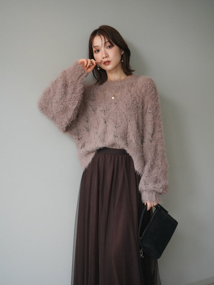 [予約]モール×フェザー透かし編みニットプルオーバー/mocha