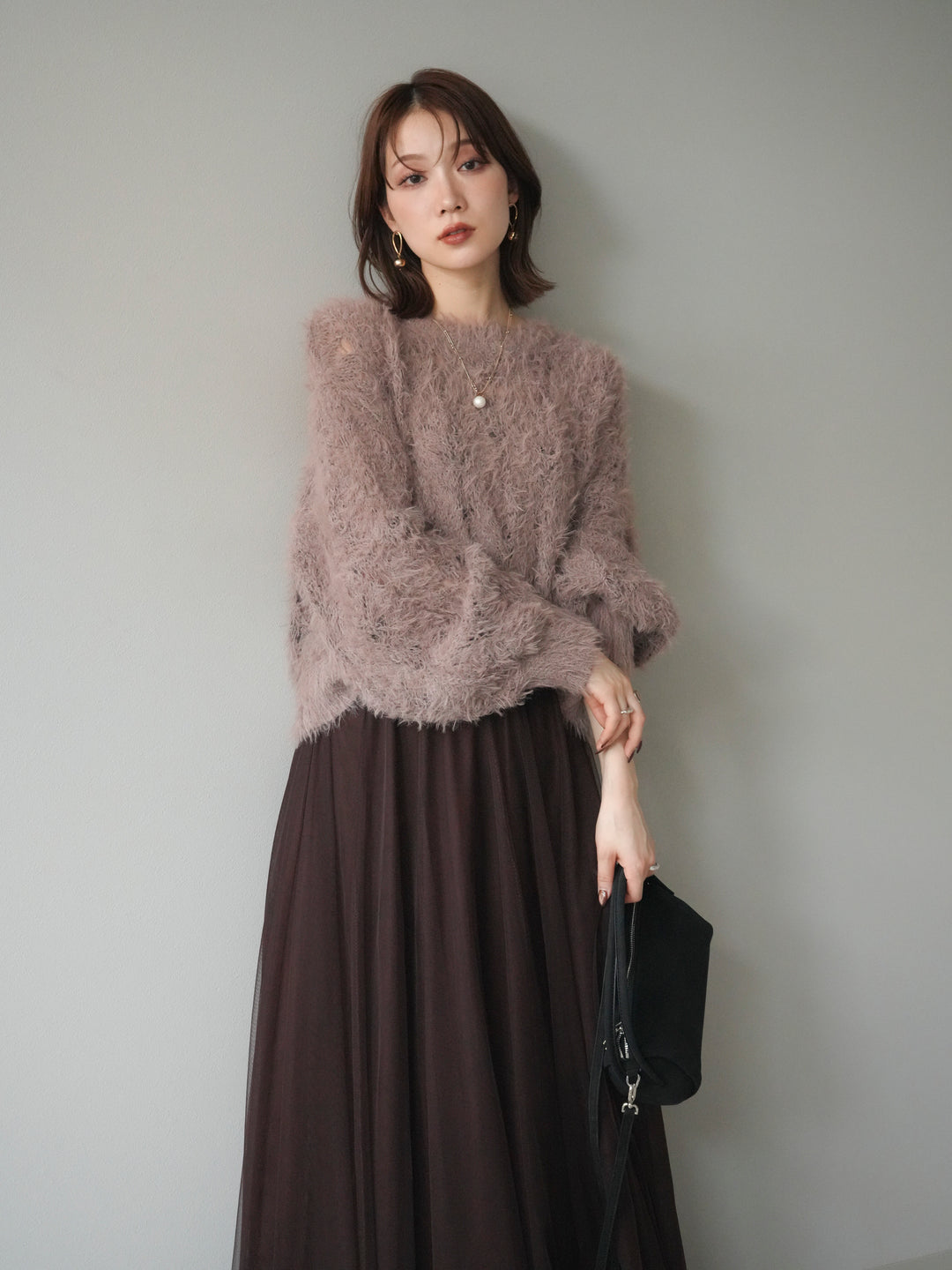 [予約]モール×フェザー透かし編みニットプルオーバー/mocha