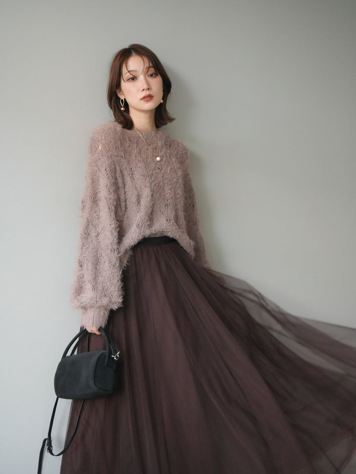 [予約]モール×フェザー透かし編みニットプルオーバー/mocha