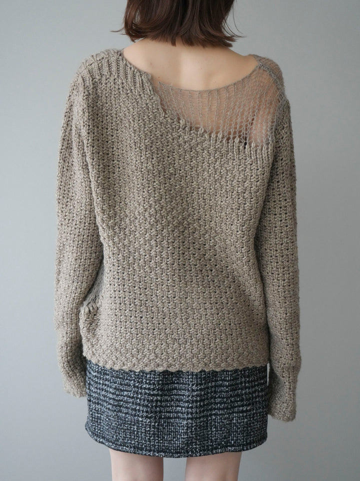 [予約]ダメージデザインニットプルオーバー/greige