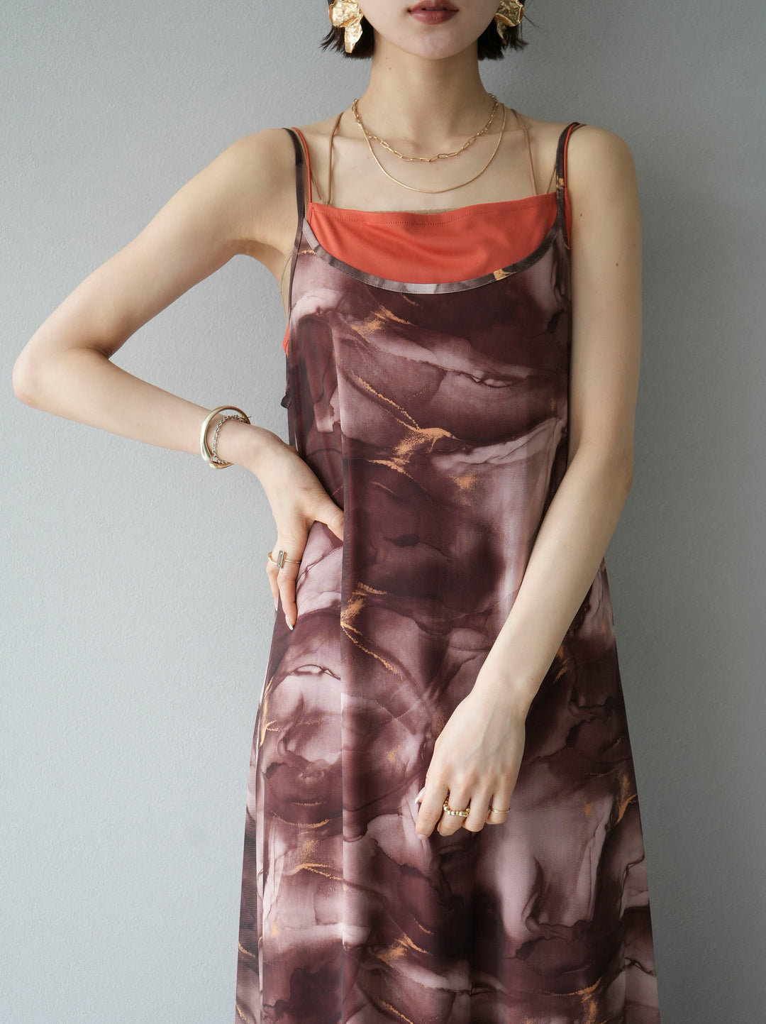 [Pre-order] Nuanced pattern tulle layered cami dress/brown