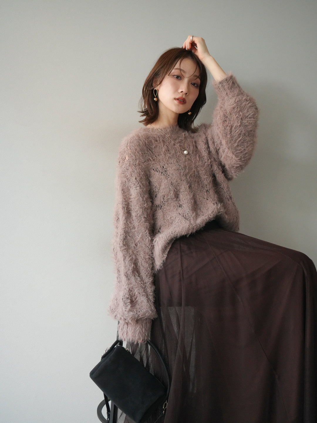 [予約]モール×フェザー透かし編みニットプルオーバー/mocha