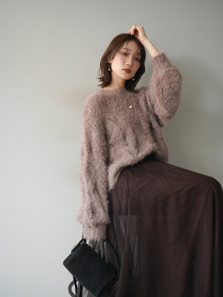 [予約]モール×フェザー透かし編みニットプルオーバー/mocha