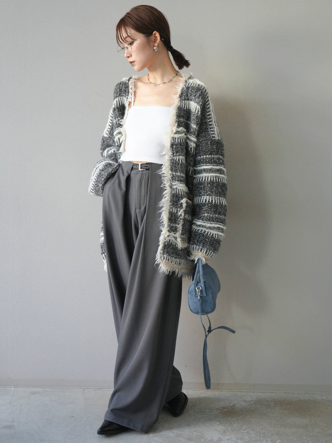 [予約]ミックスフリンジオーバーニットカーディガン/gray