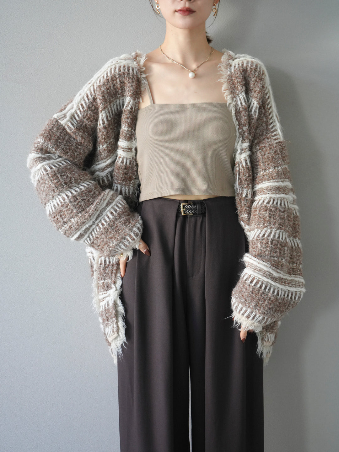 [予約]ミックスフリンジオーバーニットカーディガン/brown