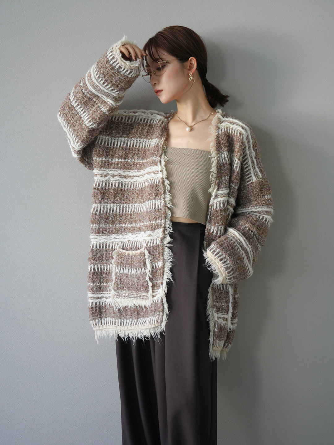 [予約]ミックスフリンジオーバーニットカーディガン/brown