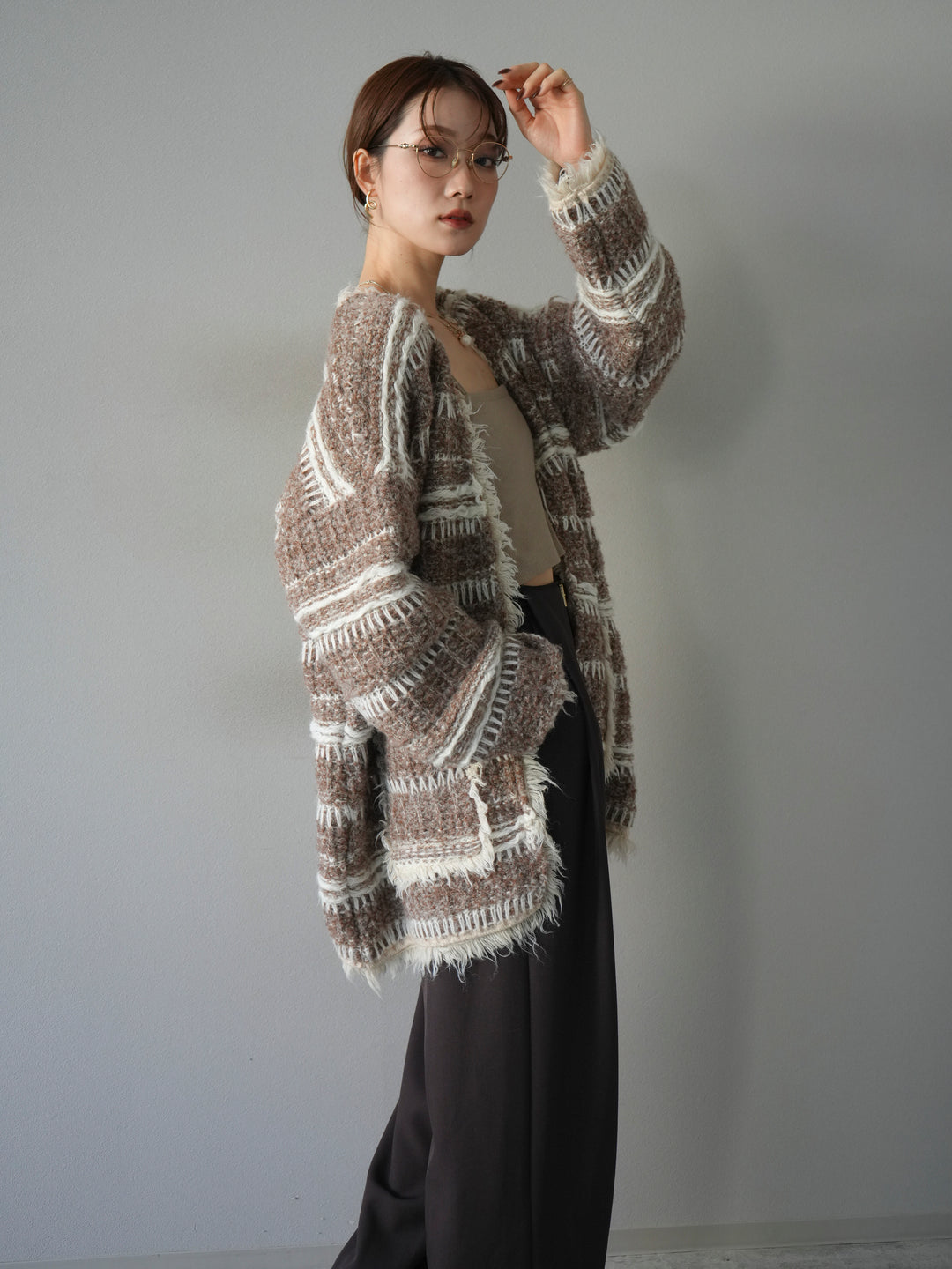 [予約]ミックスフリンジオーバーニットカーディガン/brown