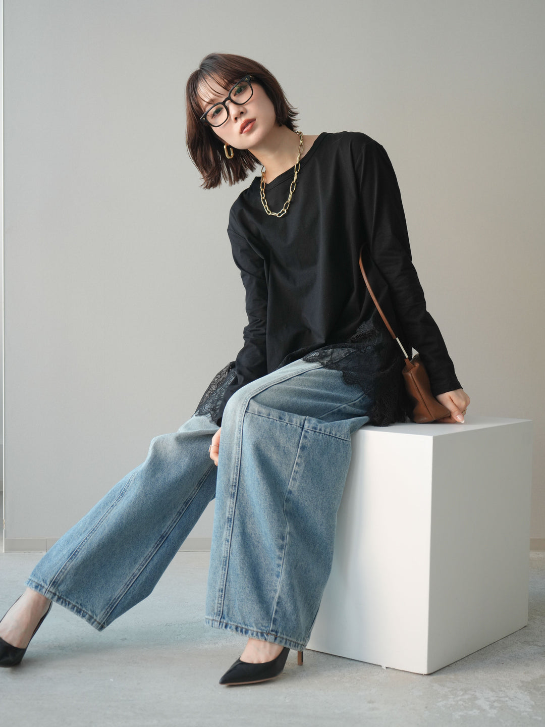 [SET]裾レースロングスリーブTシャツ+選べるアクセセット(2set)