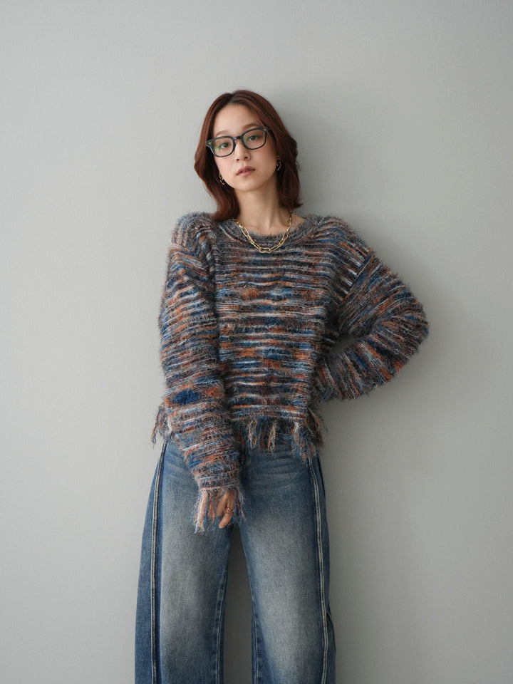 [SET]裾フリンジミックスヤーンシャギープルオーバー+サイド切替カーブデニムパンツ(2set)