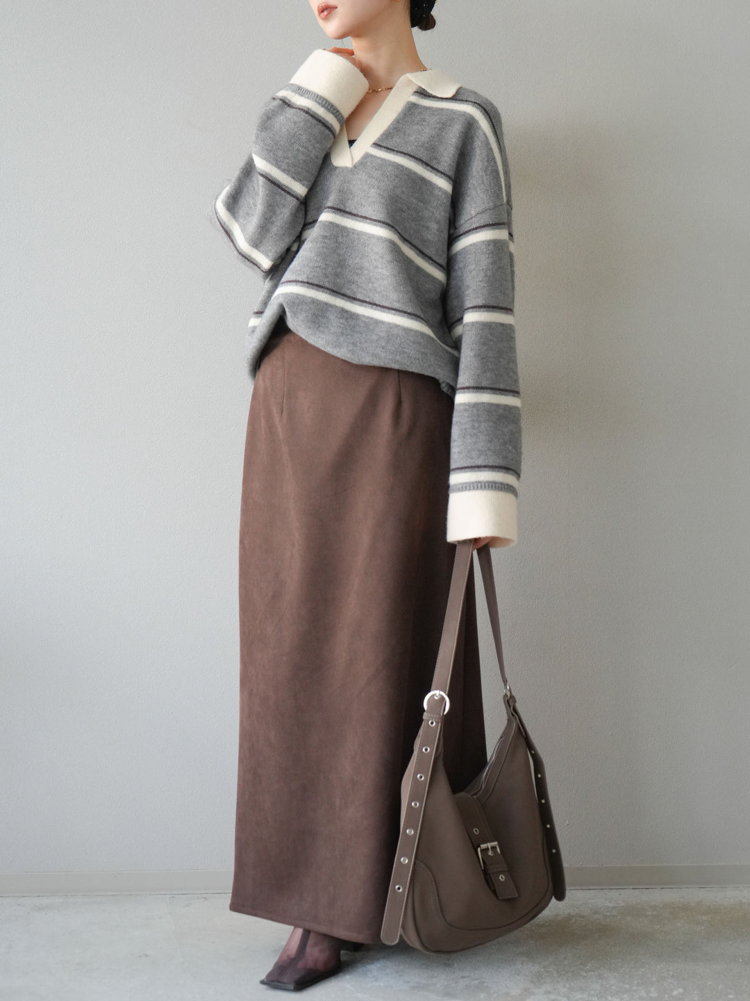 [SET]ポロ襟スキッパーボーダーニットプルオーバー+スウェードIラインスカート(2set)