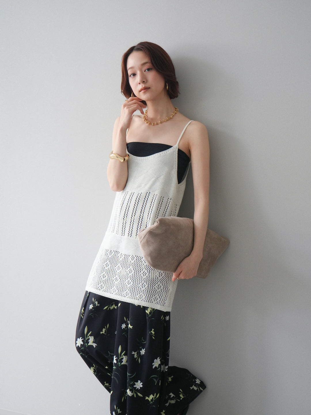 [予約]ランダム透かし編みニットキャミソール/ivory