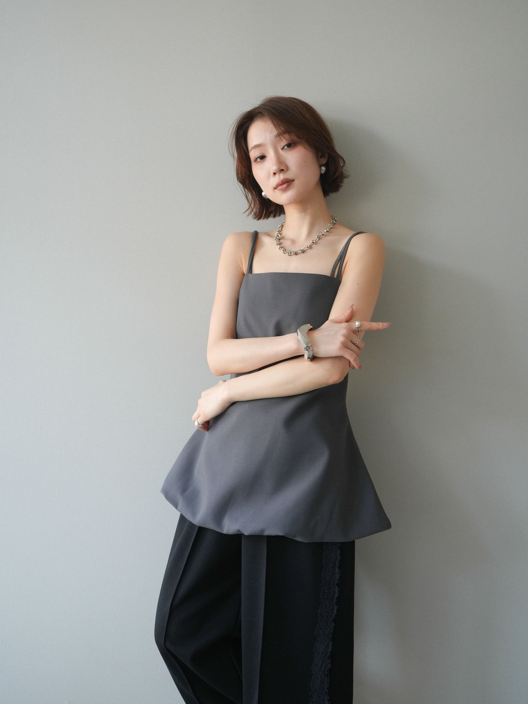 [SET]バックリボンバルーンチュニックキャミ+サイドレースポンチワイドパンツ(2set)