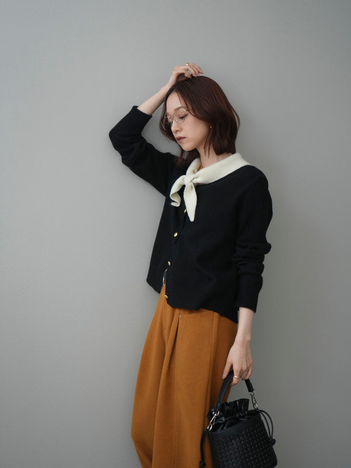 [SET]デザイン襟ニットカーディガン+ベルト付起毛コクーンパンツ(2set)