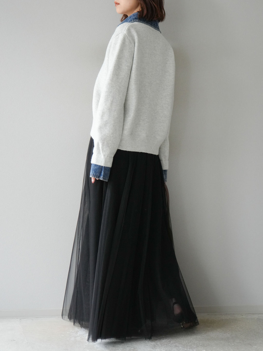 [SET]デニム襟ボタンニットカーディガン+チュールボリュームスカート(2set)