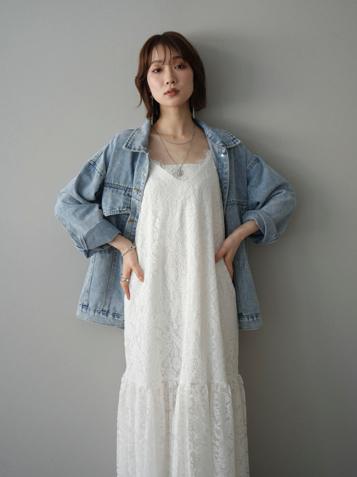 [予約]ギャザー切替レースキャミワンピース/white