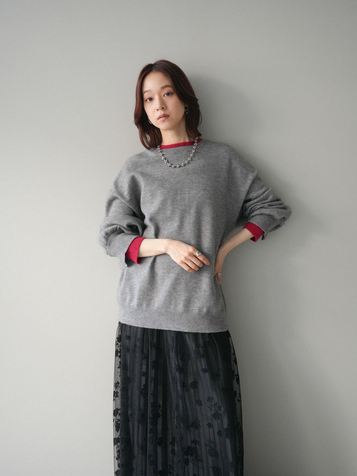 [SET]ヘンリーネック配色レイヤードニットプルオーバー+フラワーフロッキーチュールプリーツスカート(2set)