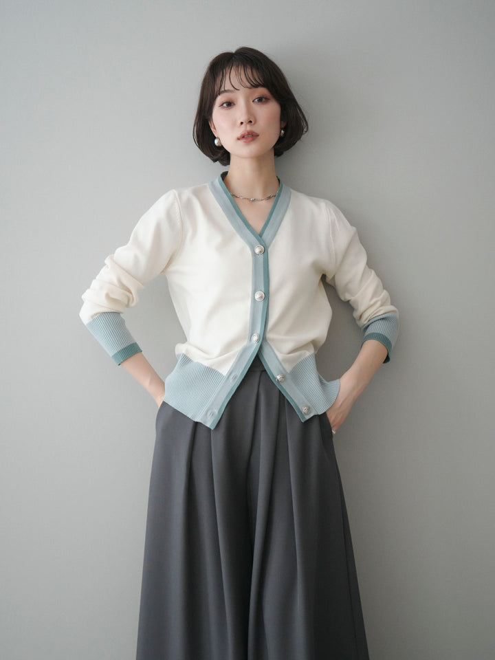 [SET]デザインボタン配色Vネックニットカーディガン+テープベルトタックバギーパンツ(2set)