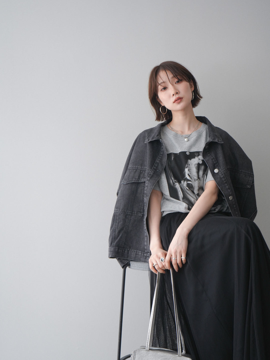 [SET]ルーズシルエットデニムジャケット+チュールボリュームスカート(2set)