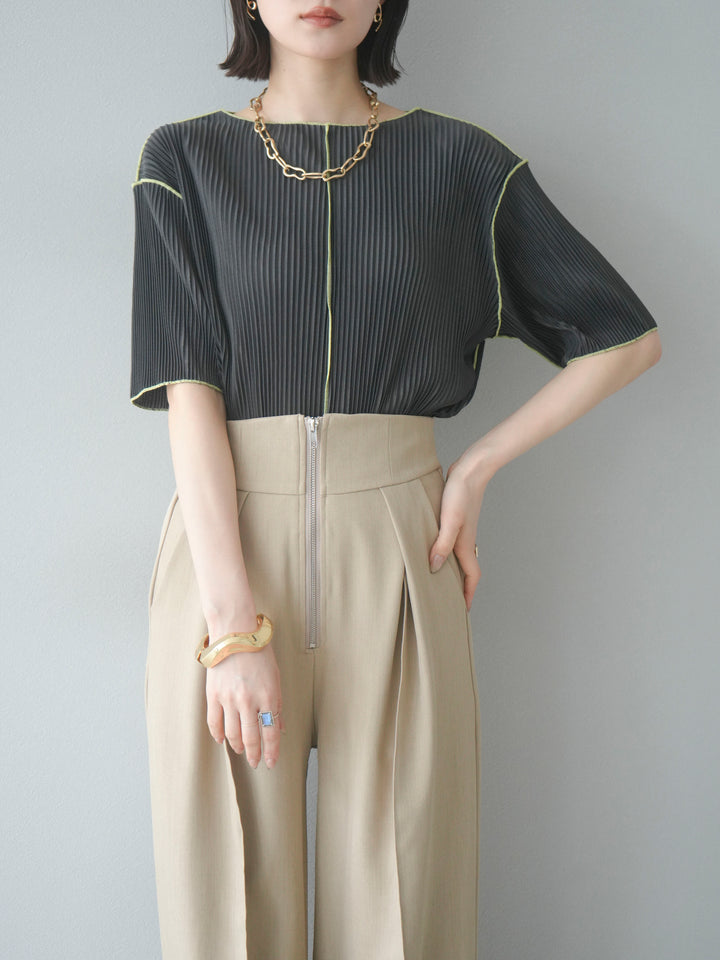 [予約]配色メロープリーツハーフスリーブトップス/ブラック