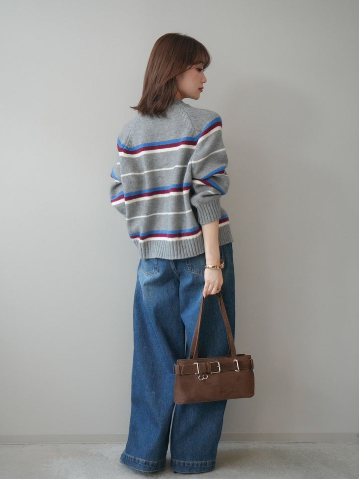 [SET]ランダムボーダーニットカーディガン+デザインステッチカーブデニムパンツ(2set)