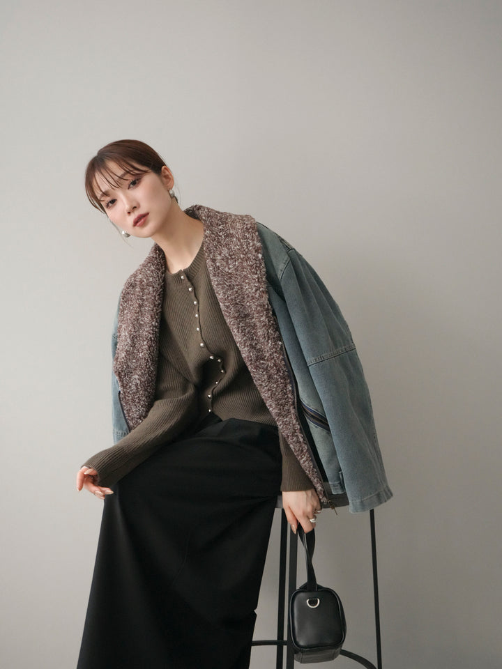 [SET]ミックスボアデニムジャケット+シルバーボタン畦編みニットカーディガン+テープベルトタックバギーパンツ(3set)