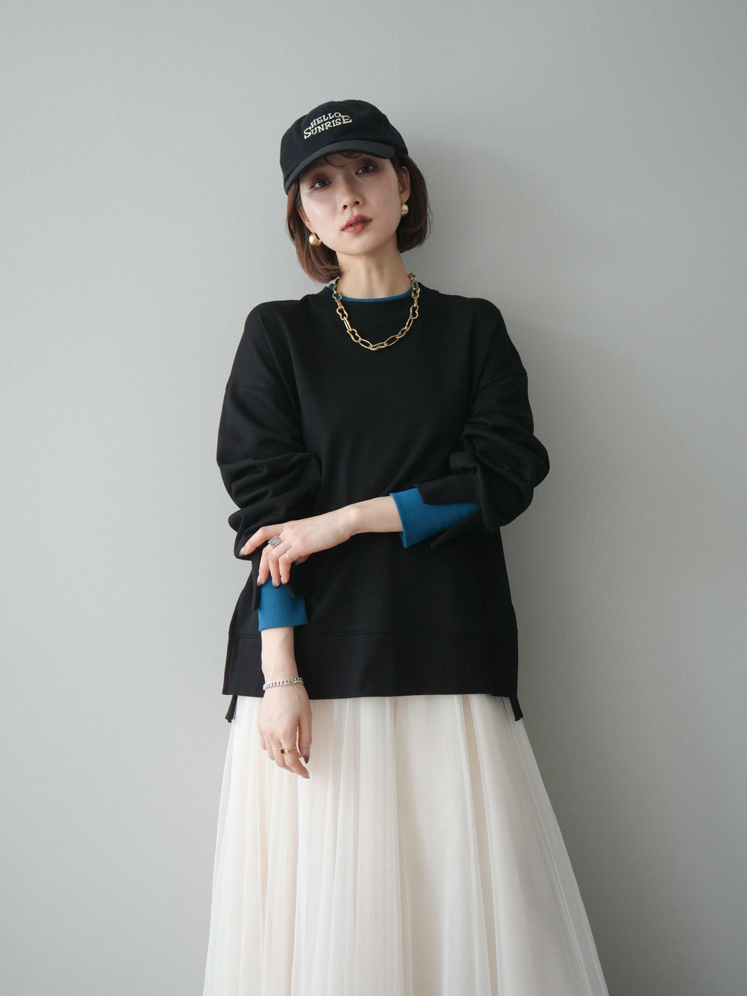 [予約]配色レイヤードデザインスエットプルオーバー/black