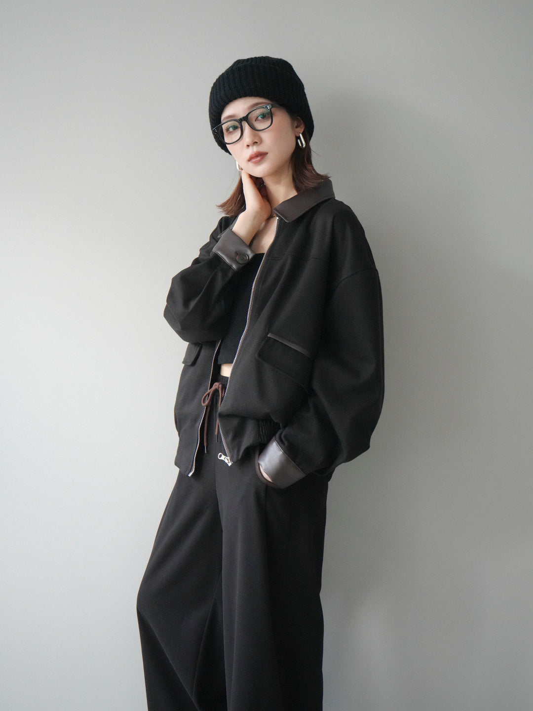 [予約]レザー襟配色パイピングブルゾン/black