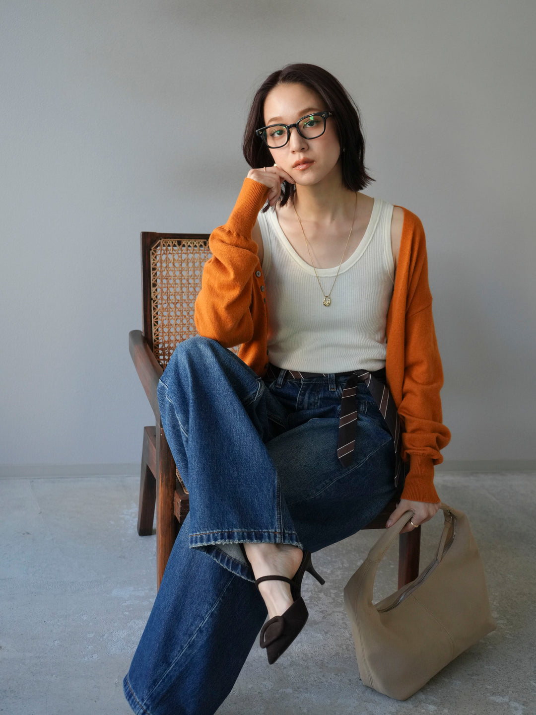 [予約]デザインボタンニットカーディガン＆タンクトップSET/オレンジ