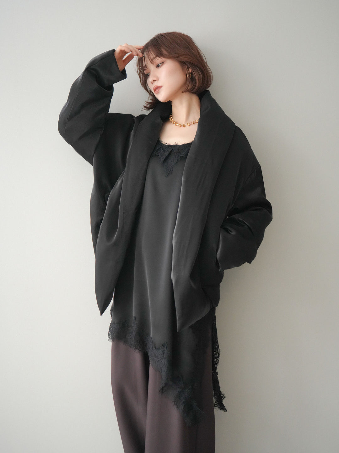 [20%オフ]シャイニーアシンメトリーダウンジャケット/black