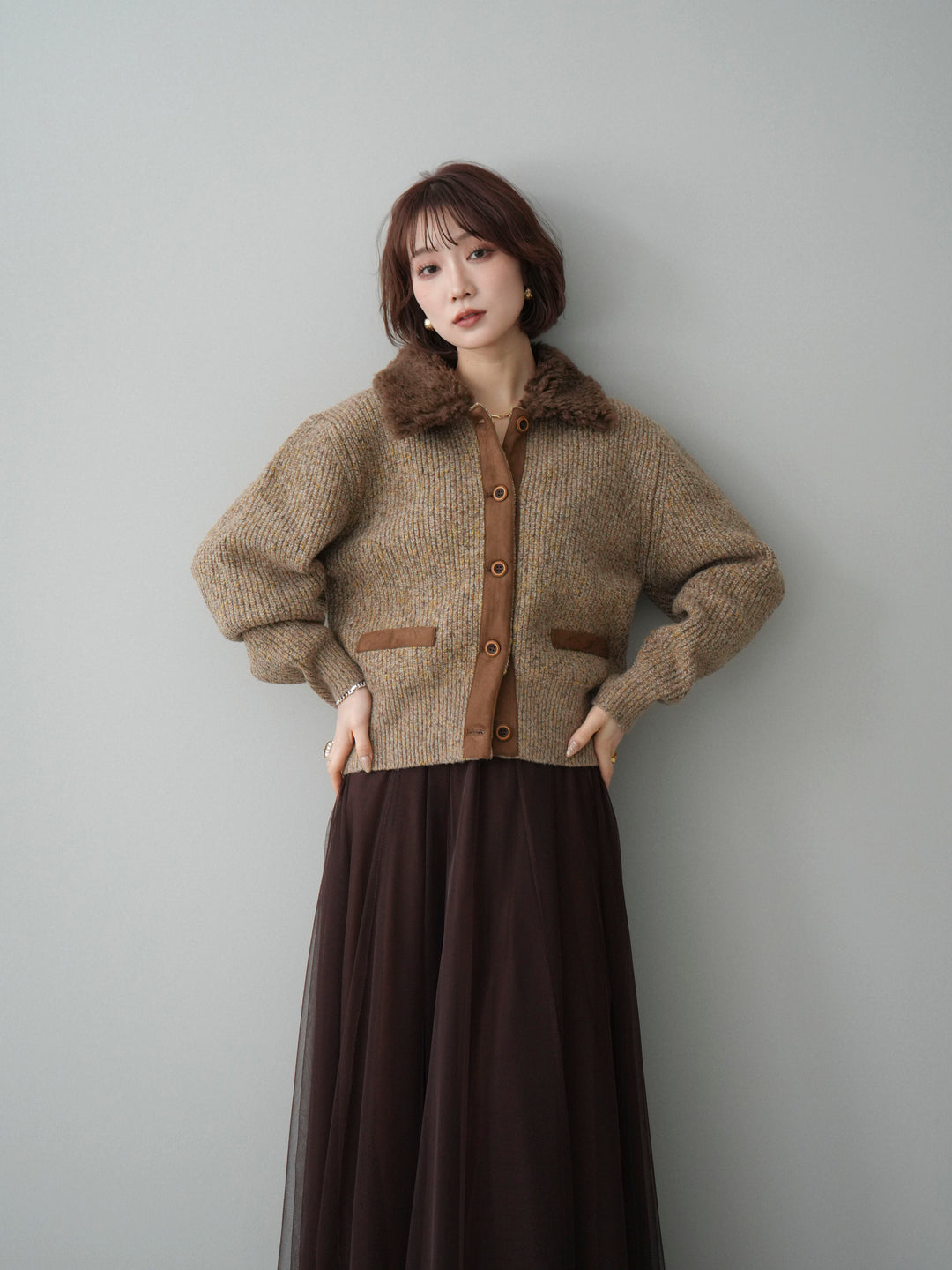 [SET]襟ボアミックスヤーンニットカーディガン+襟ボアミックスヤーンニットカーディガン(2set)