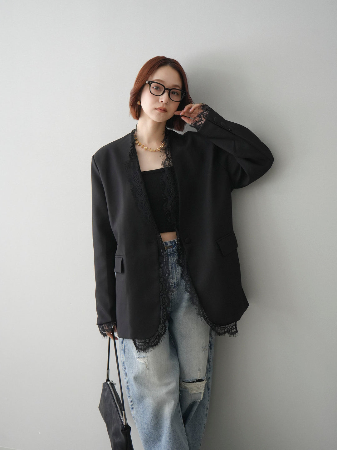 [SET]ノーカラーレースジャケット+ダメージデニムセミワイドパンツ(2set)